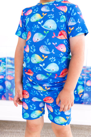 Shop Birdie Bean Moby Whales 2-piece Short Sleeve Kids Pajamas with Shorts at Purple Owl Boutique